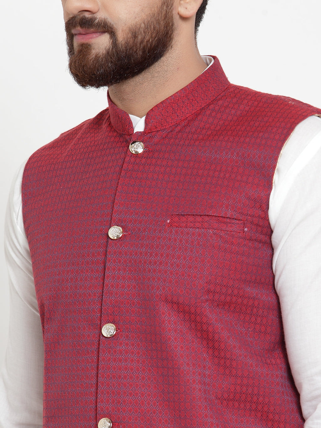 Jompers Men's Solid Cotton Kurta Pajama with Woven Jacquard Waistcoat (Maroon) | Grocsy