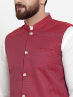 Jompers Men's Solid Cotton Kurta Pajama with Woven Jacquard Waistcoat (Maroon) | Grocsy