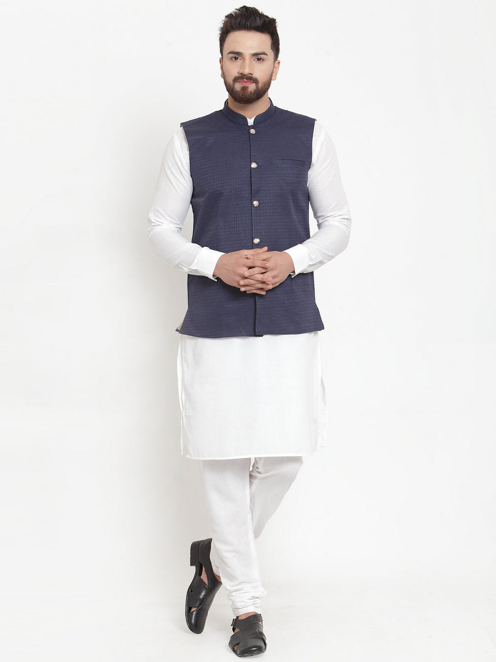 Jompers Men's Solid Cotton Kurta Pajama with Woven Jacquard Waistcoat (Navy) | Grocsy