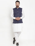 Jompers Men's Solid Cotton Kurta Pajama with Woven Jacquard Waistcoat (Navy) | Grocsy