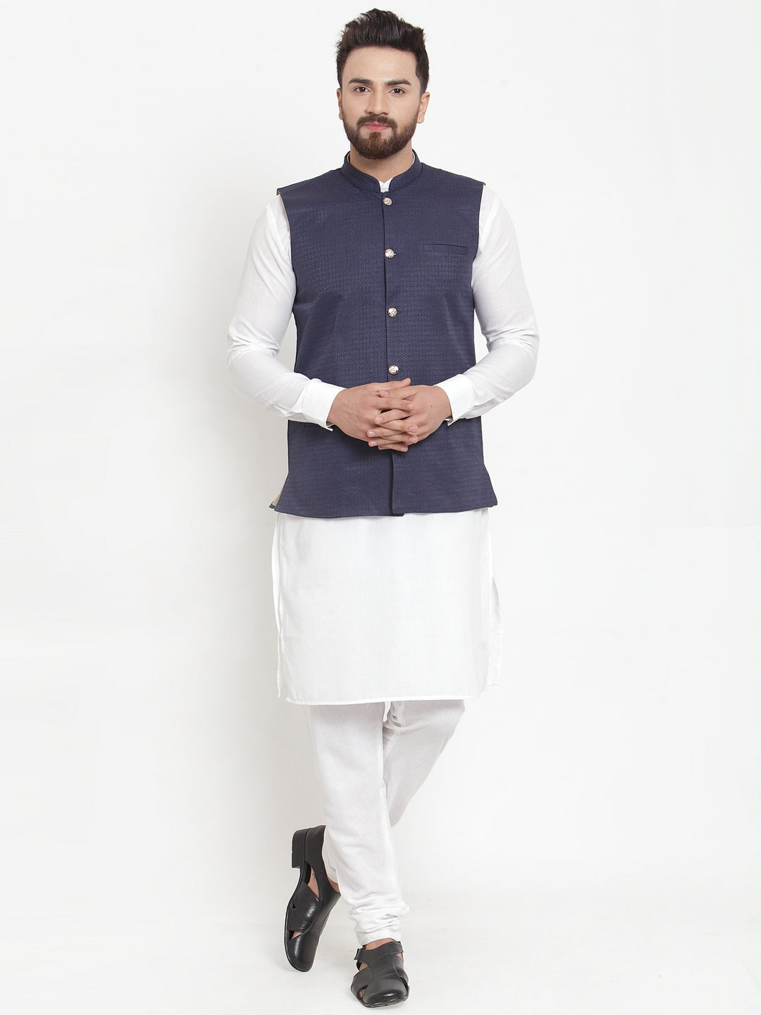 Jompers Men's Solid Cotton Kurta Pajama with Woven Jacquard Waistcoat (Navy) | Grocsy