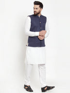 Jompers Men's Solid Cotton Kurta Pajama with Woven Jacquard Waistcoat (Navy) | Grocsy