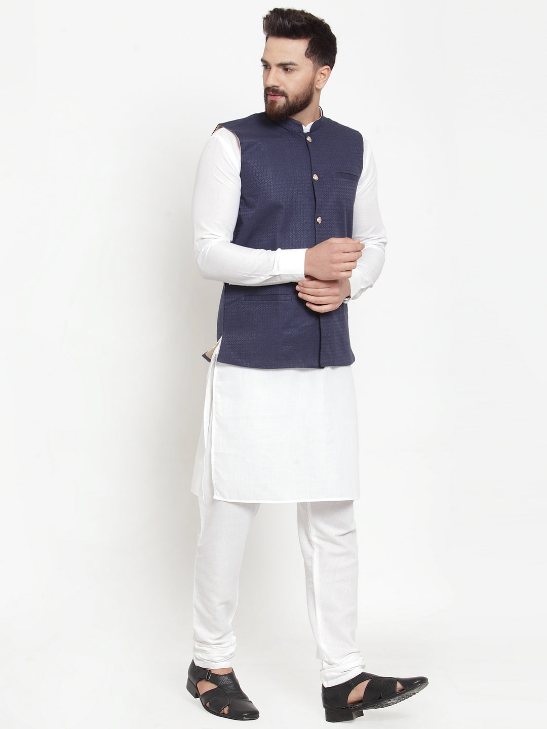 Jompers Men's Solid Cotton Kurta Pajama with Woven Jacquard Waistcoat (Navy) | Grocsy
