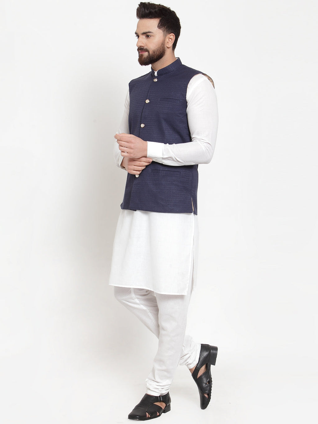 Jompers Men's Solid Cotton Kurta Pajama with Woven Jacquard Waistcoat (Navy) | Grocsy