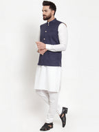 Jompers Men's Solid Cotton Kurta Pajama with Woven Jacquard Waistcoat (Navy) | Grocsy