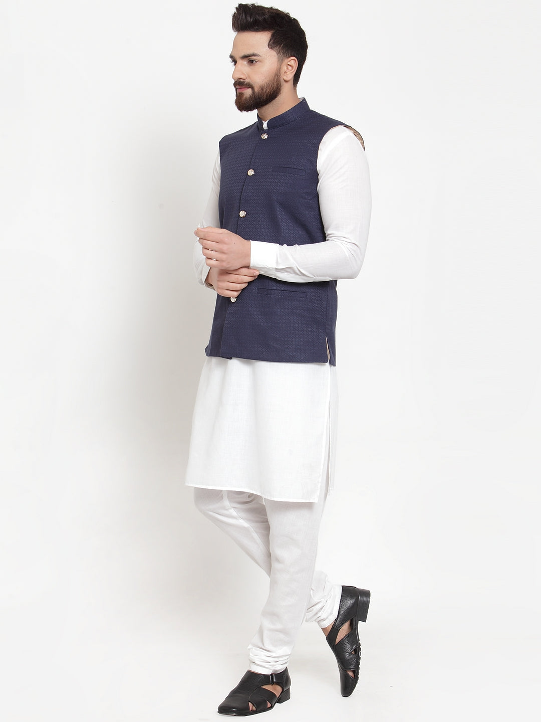 Jompers Men's Solid Cotton Kurta Pajama with Woven Jacquard Waistcoat (Navy) | Grocsy