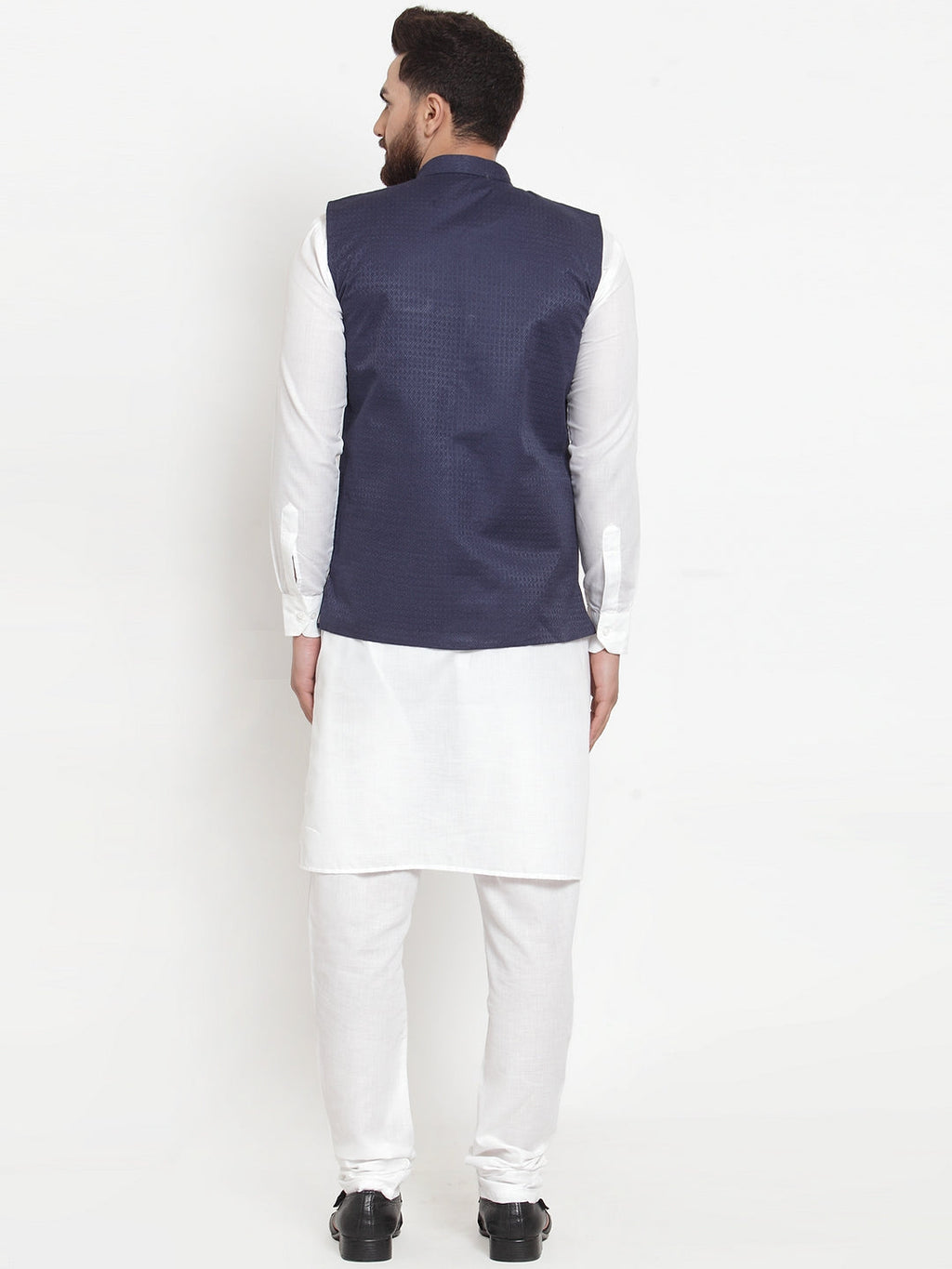 Jompers Men's Solid Cotton Kurta Pajama with Woven Jacquard Waistcoat (Navy) | Grocsy