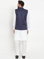 Jompers Men's Solid Cotton Kurta Pajama with Woven Jacquard Waistcoat (Navy) | Grocsy