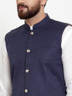 Jompers Men's Solid Cotton Kurta Pajama with Woven Jacquard Waistcoat (Navy) | Grocsy
