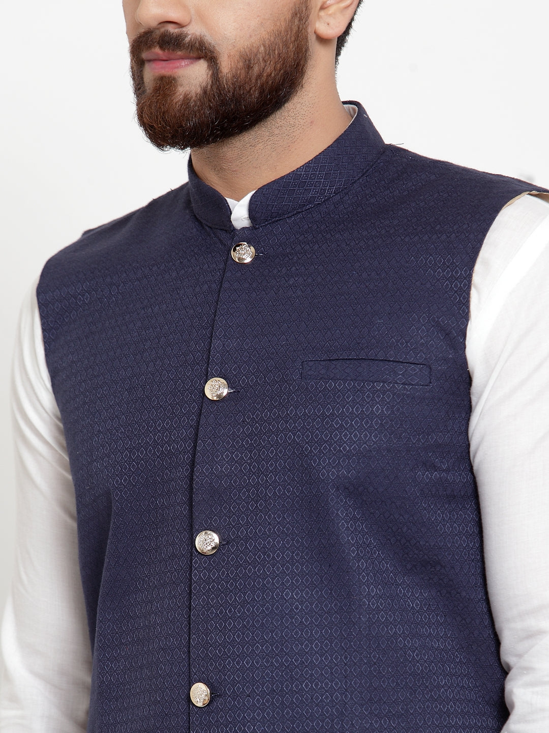 Jompers Men's Solid Cotton Kurta Pajama with Woven Jacquard Waistcoat (Navy) | Grocsy