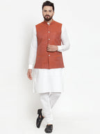 Jompers Men's Solid Cotton Kurta Pajama with Woven Jacquard Waistcoat (Red) | Grocsy