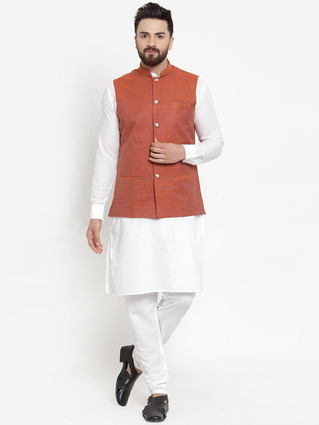 Jompers Men's Solid Cotton Kurta Pajama with Woven Jacquard Waistcoat (Red) | Grocsy