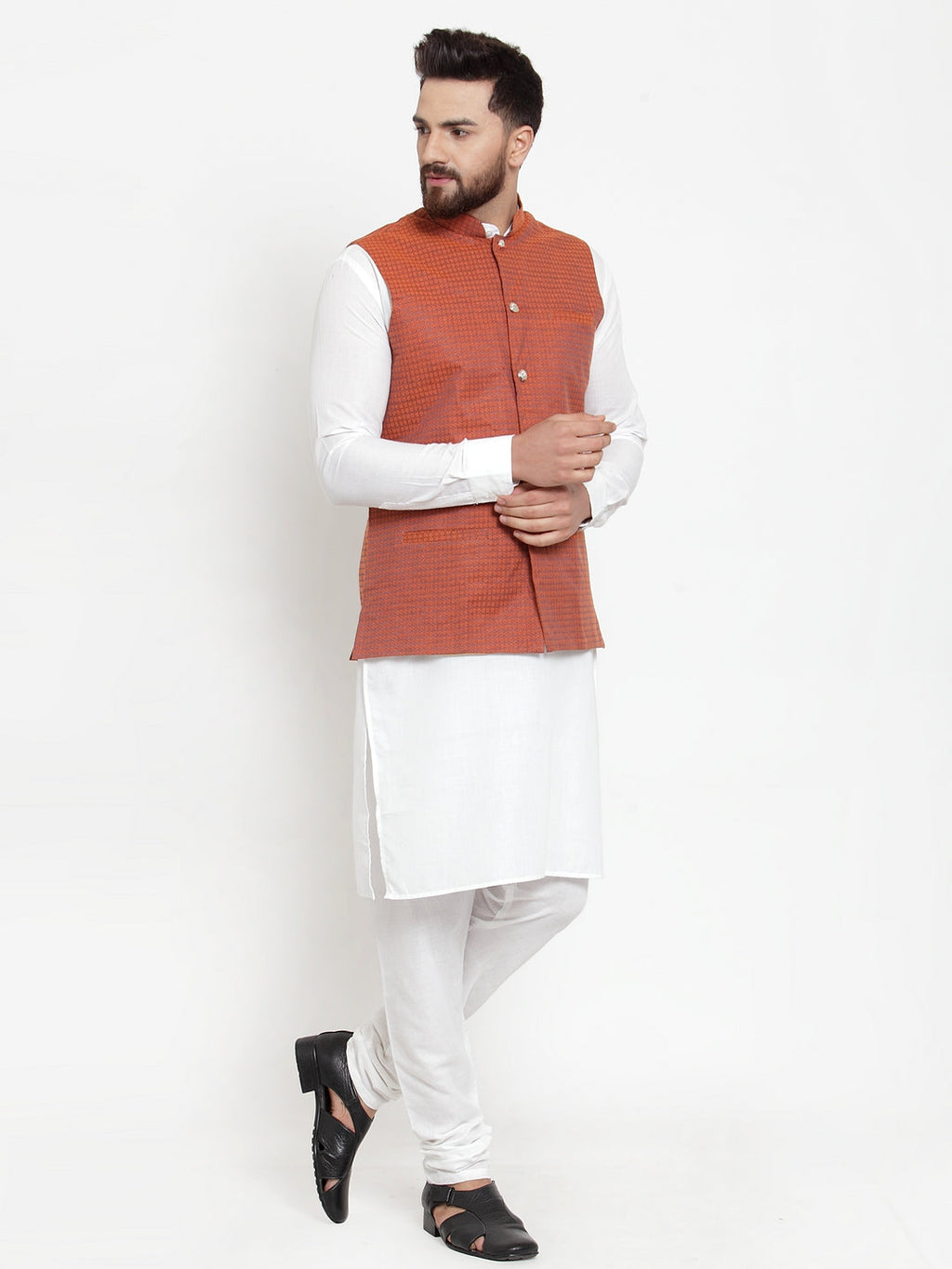 Jompers Men's Solid Cotton Kurta Pajama with Woven Jacquard Waistcoat (Red) | Grocsy