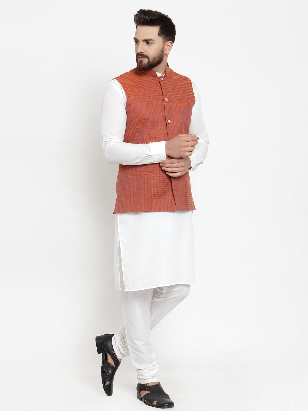 Jompers Men's Solid Cotton Kurta Pajama with Woven Jacquard Waistcoat (Red) | Grocsy