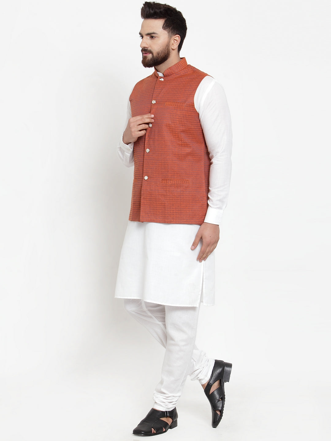 Jompers Men's Solid Cotton Kurta Pajama with Woven Jacquard Waistcoat (Red) | Grocsy
