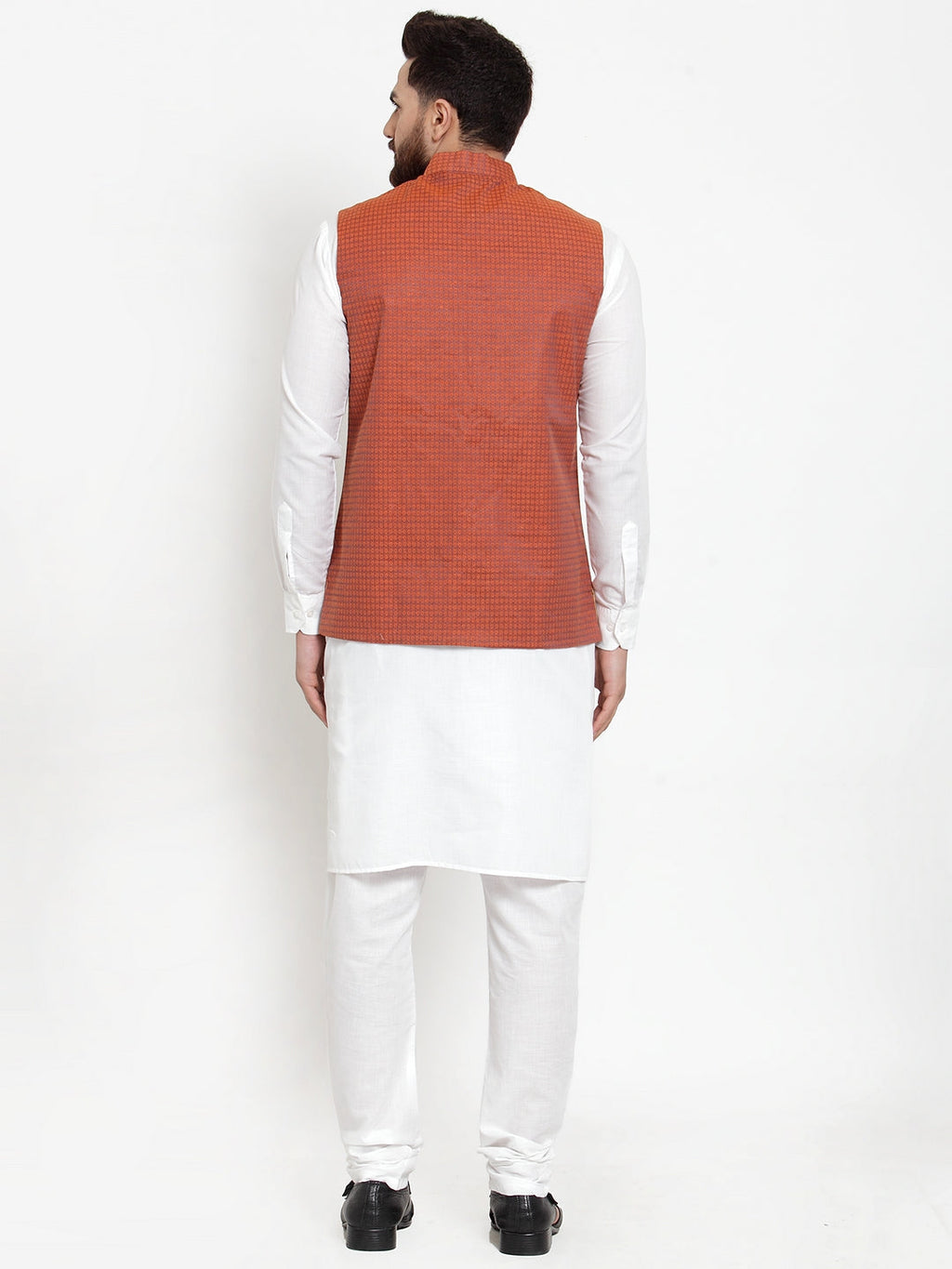 Jompers Men's Solid Cotton Kurta Pajama with Woven Jacquard Waistcoat (Red) | Grocsy