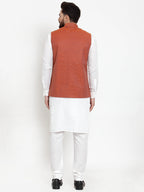 Jompers Men's Solid Cotton Kurta Pajama with Woven Jacquard Waistcoat (Red) | Grocsy