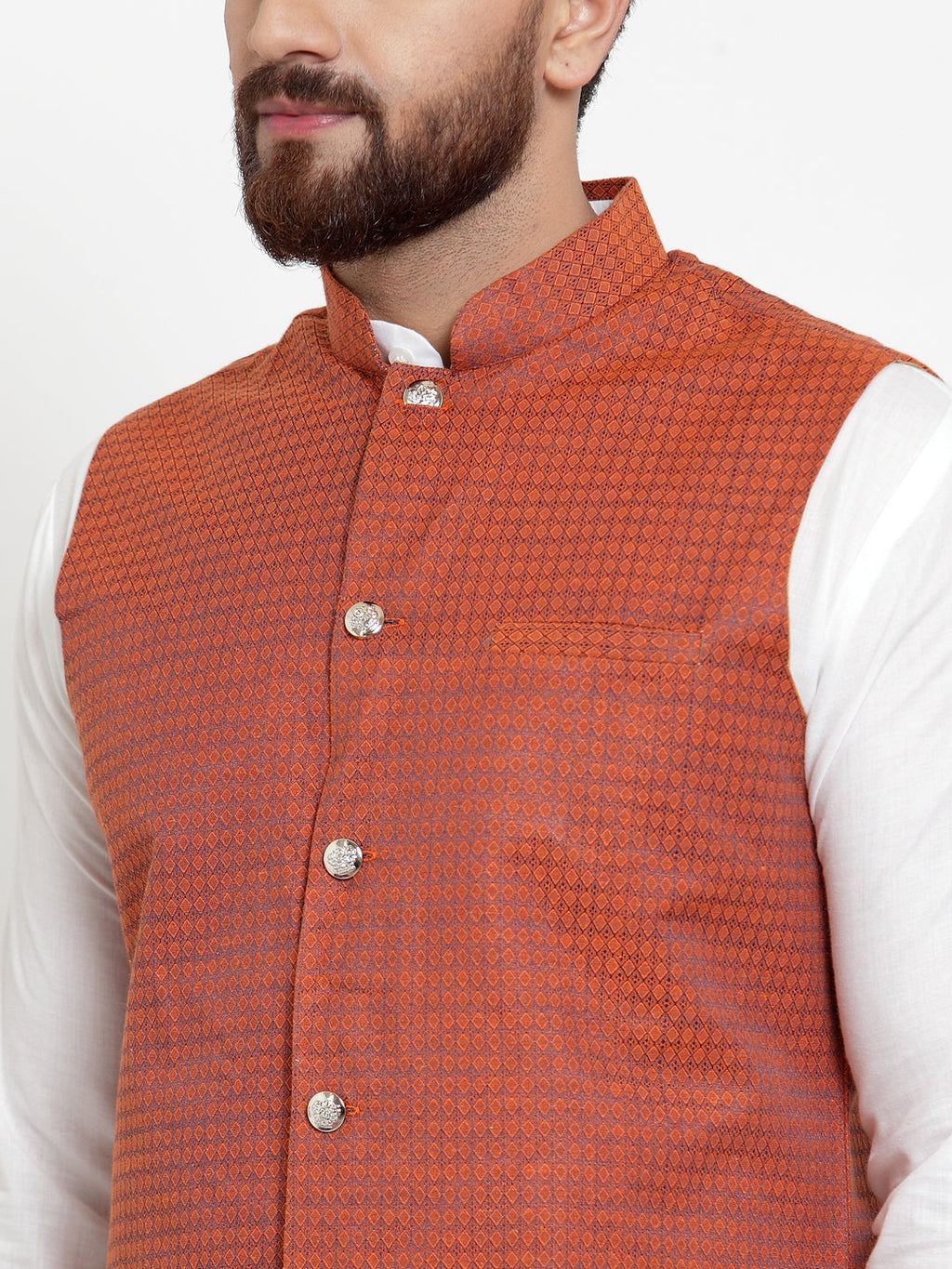 Jompers Men's Solid Cotton Kurta Pajama with Woven Jacquard Waistcoat (Red) | Grocsy