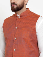 Jompers Men's Solid Cotton Kurta Pajama with Woven Jacquard Waistcoat (Red) | Grocsy