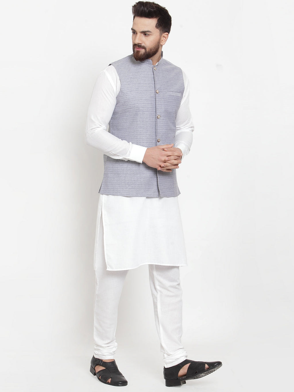 Jompers Men's Solid Cotton Kurta Pajama with Woven Jacquard Waistcoat (Steel-Blue) | Grocsy