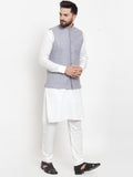 Jompers Men's Solid Cotton Kurta Pajama with Woven Jacquard Waistcoat (Steel-Blue) | Grocsy
