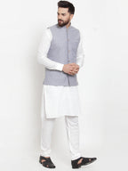 Jompers Men's Solid Cotton Kurta Pajama with Woven Jacquard Waistcoat (Steel-Blue) | Grocsy