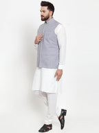 Jompers Men's Solid Cotton Kurta Pajama with Woven Jacquard Waistcoat (Steel-Blue) | Grocsy