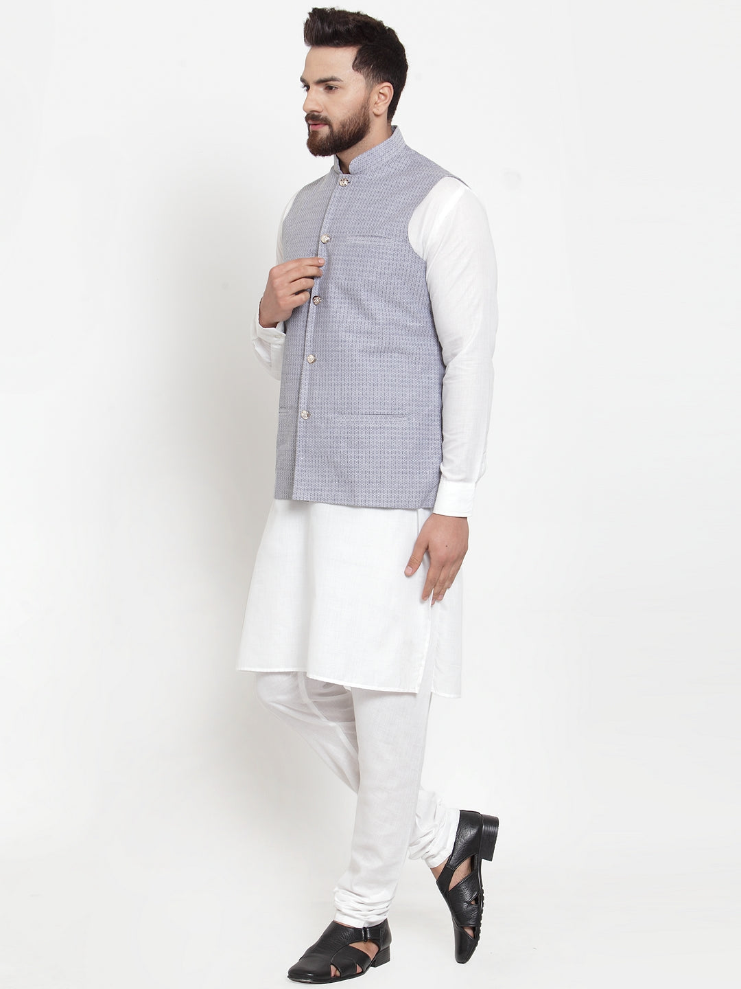 Jompers Men's Solid Cotton Kurta Pajama with Woven Jacquard Waistcoat (Steel-Blue) | Grocsy