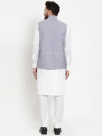 Jompers Men's Solid Cotton Kurta Pajama with Woven Jacquard Waistcoat (Steel-Blue) | Grocsy