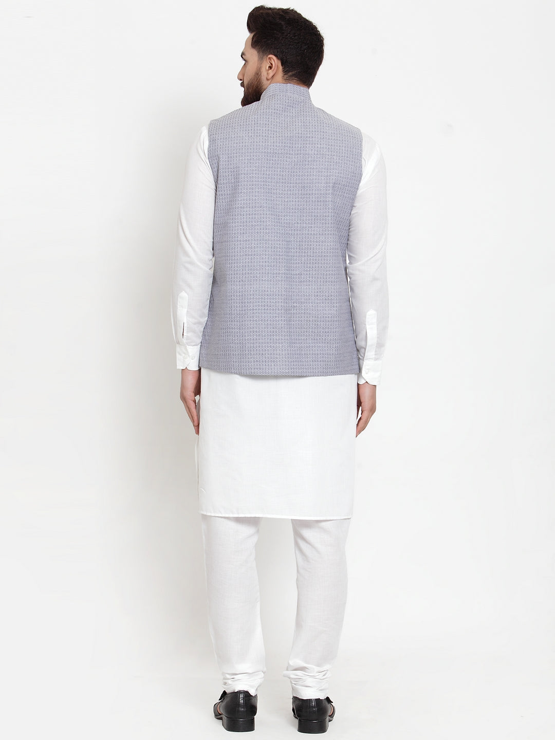Jompers Men's Solid Cotton Kurta Pajama with Woven Jacquard Waistcoat (Steel-Blue) | Grocsy