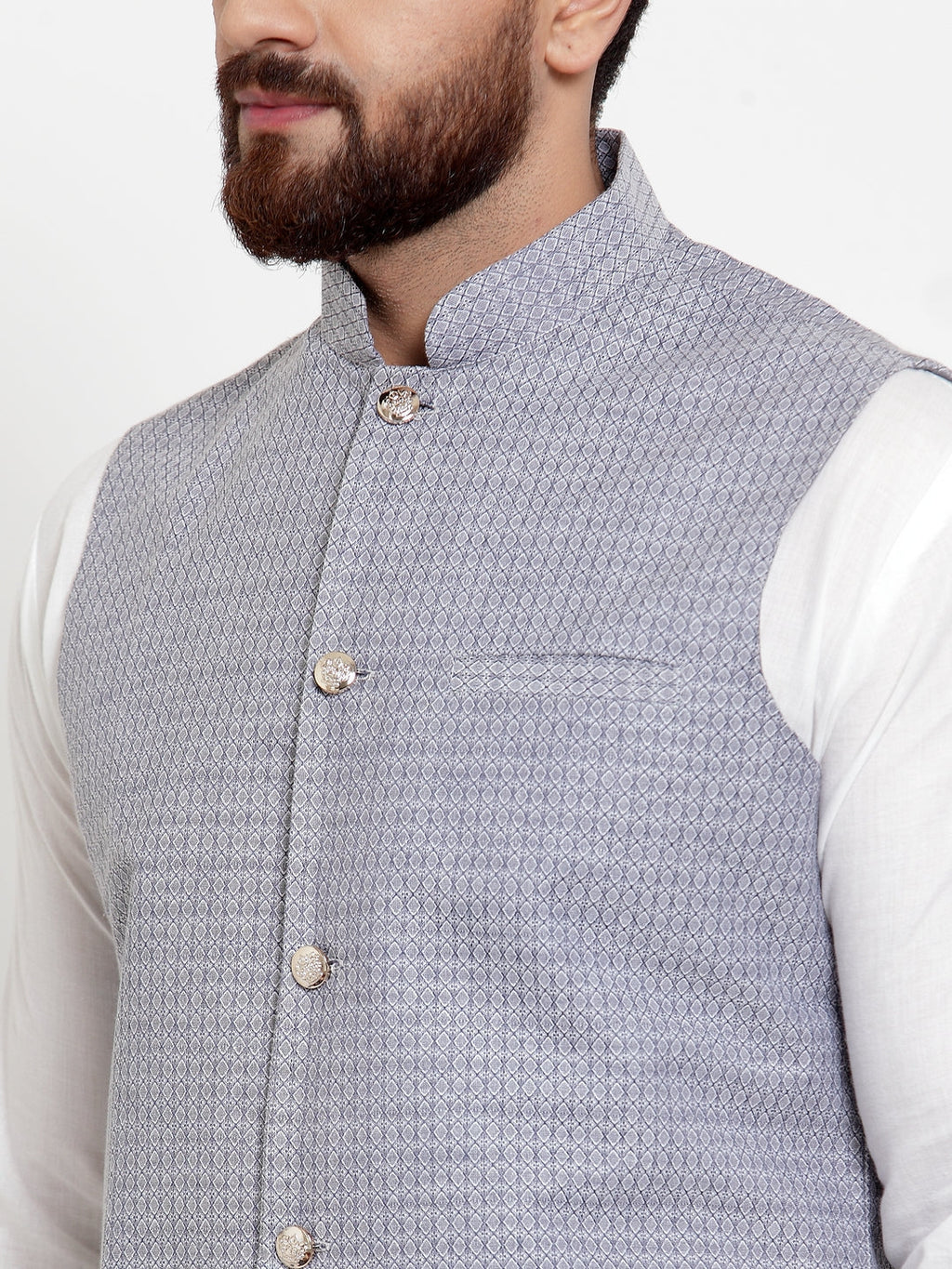 Jompers Men's Solid Cotton Kurta Pajama with Woven Jacquard Waistcoat (Steel-Blue) | Grocsy