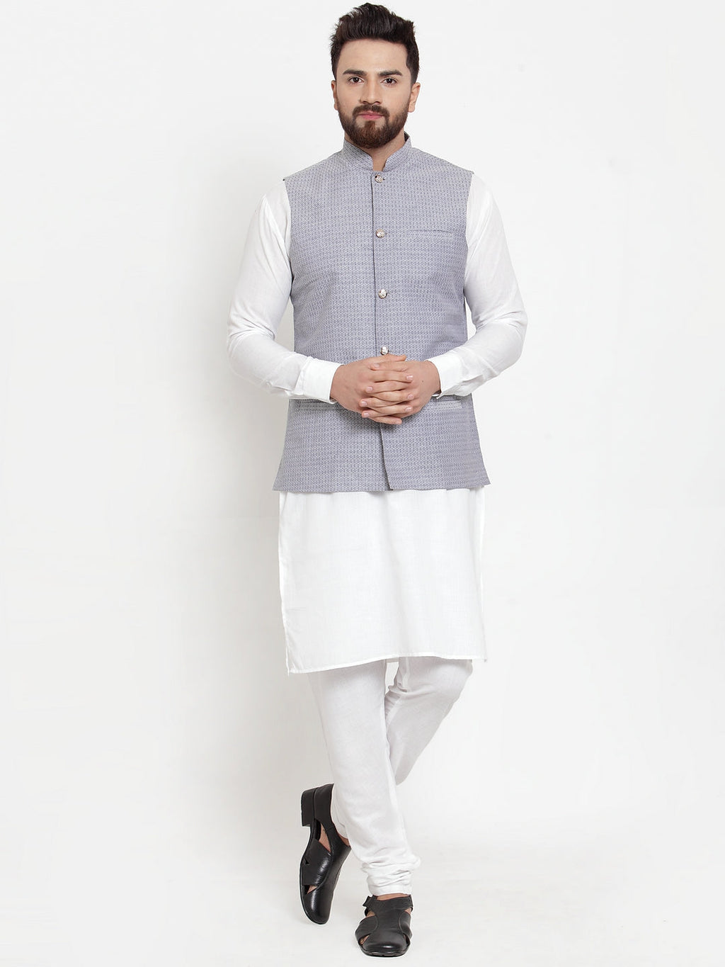 Jompers Men's Solid Cotton Kurta Pajama with Woven Jacquard Waistcoat (Steel-Blue) | Grocsy