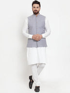 Jompers Men's Solid Cotton Kurta Pajama with Woven Jacquard Waistcoat (Steel-Blue) | Grocsy