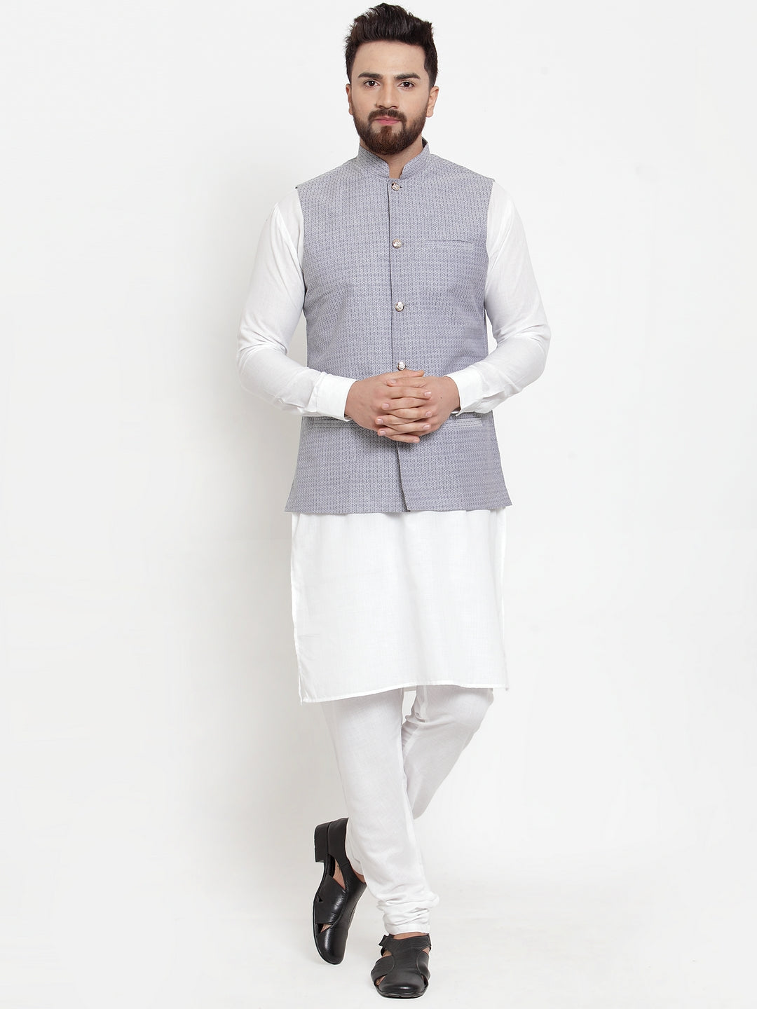 Jompers Men's Solid Cotton Kurta Pajama with Woven Jacquard Waistcoat (Steel-Blue) | Grocsy