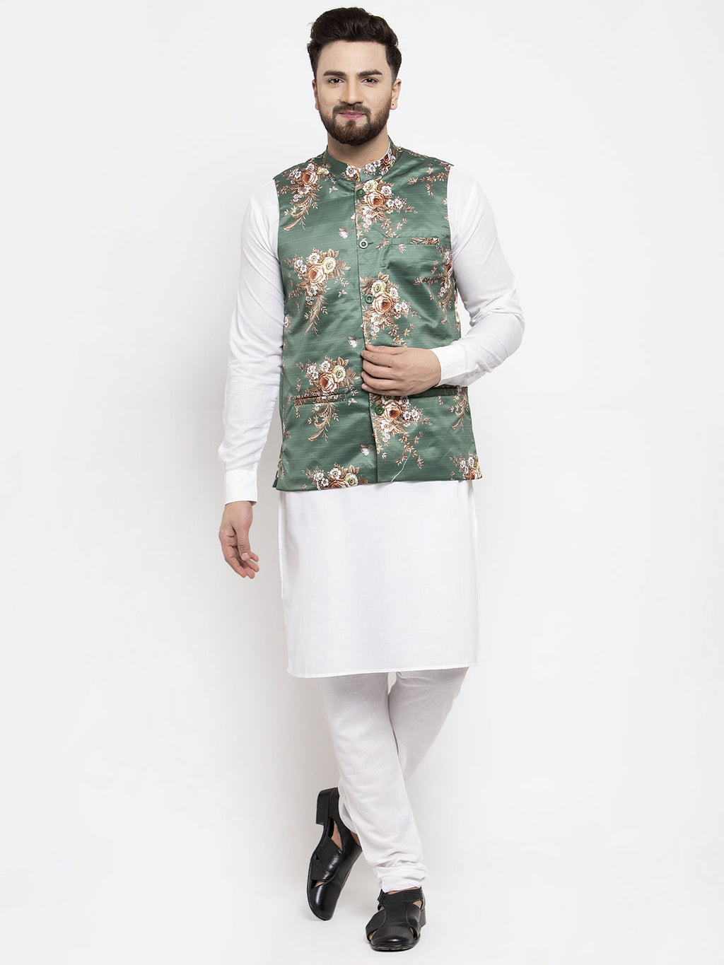 Jompers Men's Solid Cotton Kurta Pajama with Printed Waistcoat (Green-W) | Grocsy