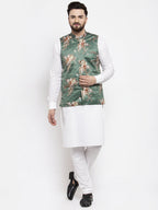 Jompers Men's Solid Cotton Kurta Pajama with Printed Waistcoat (Green-W) | Grocsy