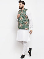 Jompers Men's Solid Cotton Kurta Pajama with Printed Waistcoat (Green-W) | Grocsy