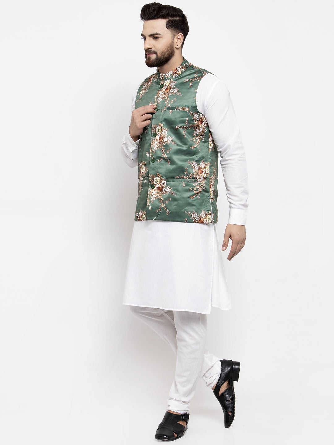 Jompers Men's Solid Cotton Kurta Pajama with Printed Waistcoat (Green-W) | Grocsy