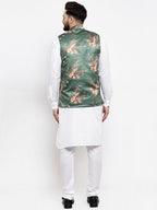 Jompers Men's Solid Cotton Kurta Pajama with Printed Waistcoat (Green-W) | Grocsy