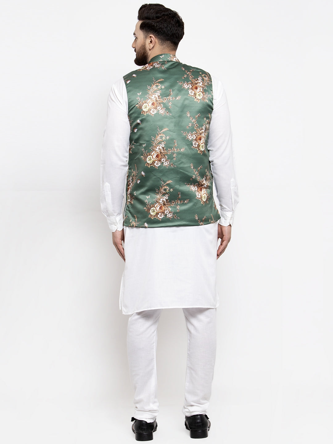 Jompers Men's Solid Cotton Kurta Pajama with Printed Waistcoat (Green-W) | Grocsy
