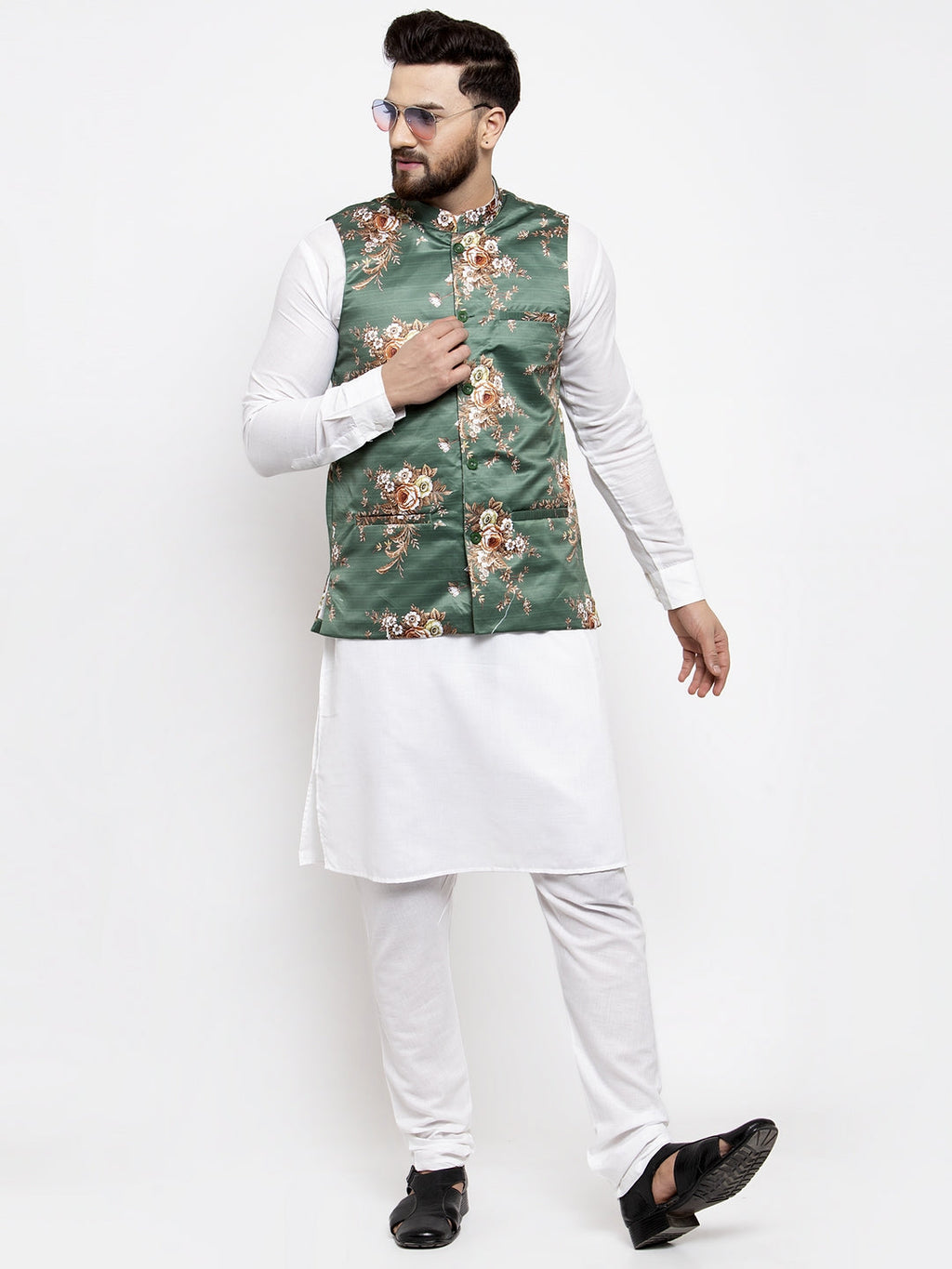 Jompers Men's Solid Cotton Kurta Pajama with Printed Waistcoat (Green-W) | Grocsy