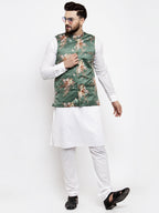 Jompers Men's Solid Cotton Kurta Pajama with Printed Waistcoat (Green-W) | Grocsy