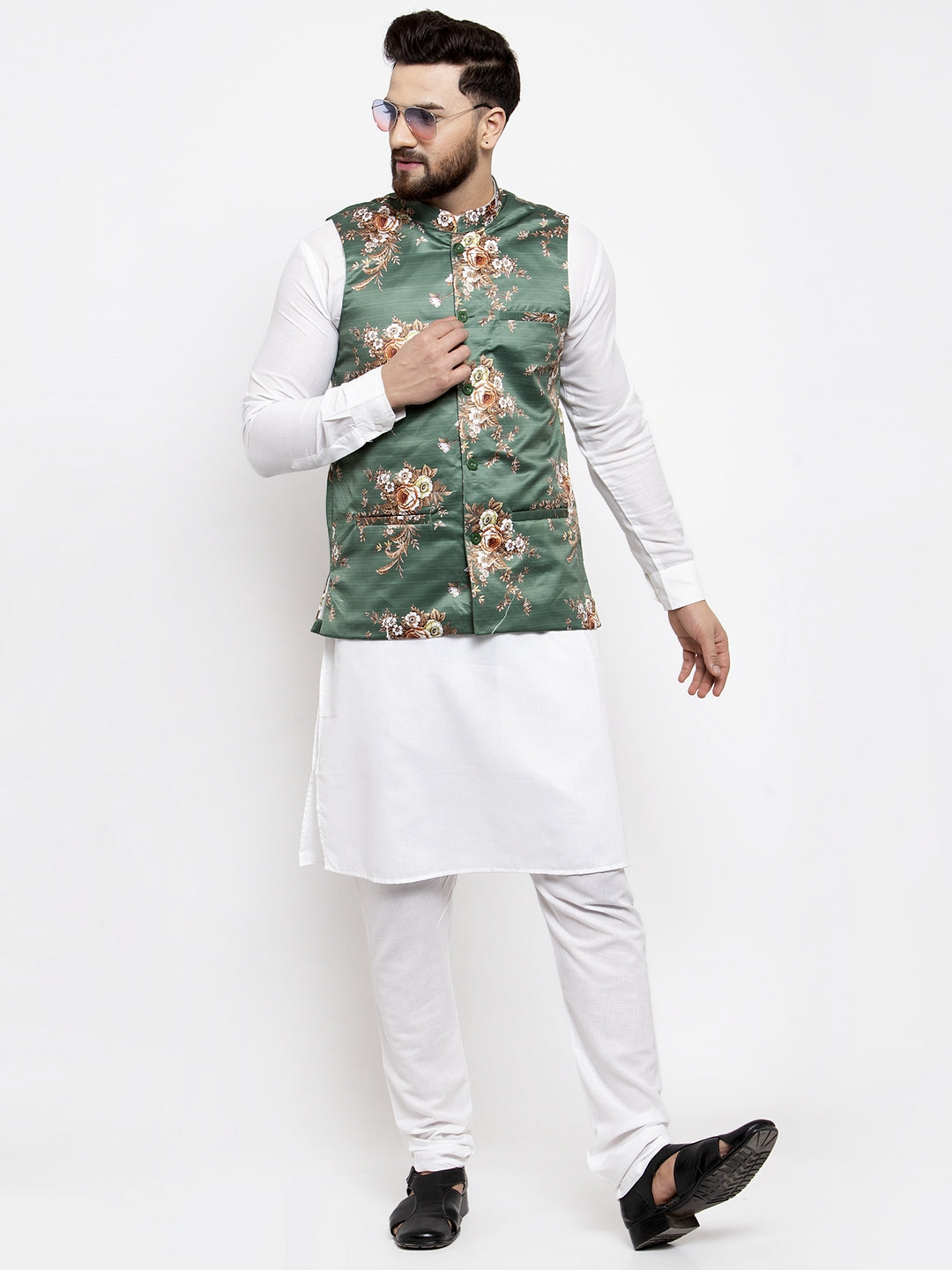 Jompers Men's Solid Cotton Kurta Pajama with Printed Waistcoat (Green-W) | Grocsy
