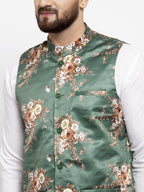 Jompers Men's Solid Cotton Kurta Pajama with Printed Waistcoat (Green-W) | Grocsy
