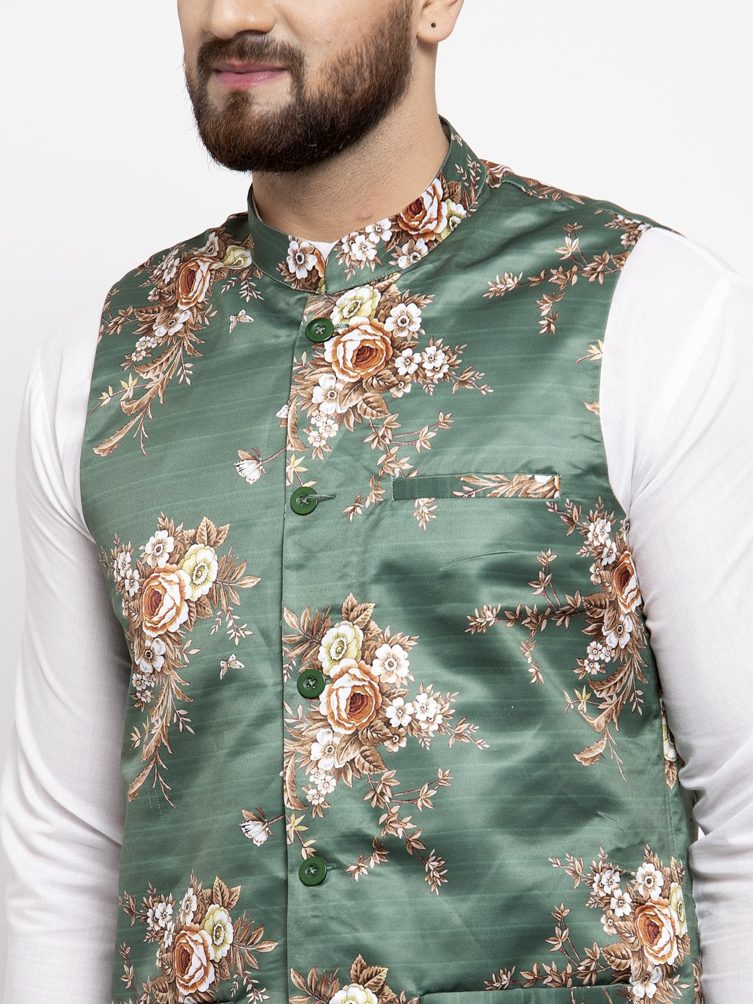 Jompers Men's Solid Cotton Kurta Pajama with Printed Waistcoat (Green-W) | Grocsy