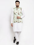 Jompers Men Solid Cotton Kurta Pajama with Printed Waistcoat (Lime-W) | Grocsy