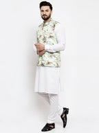 Jompers Men Solid Cotton Kurta Pajama with Printed Waistcoat (Lime-W) | Grocsy