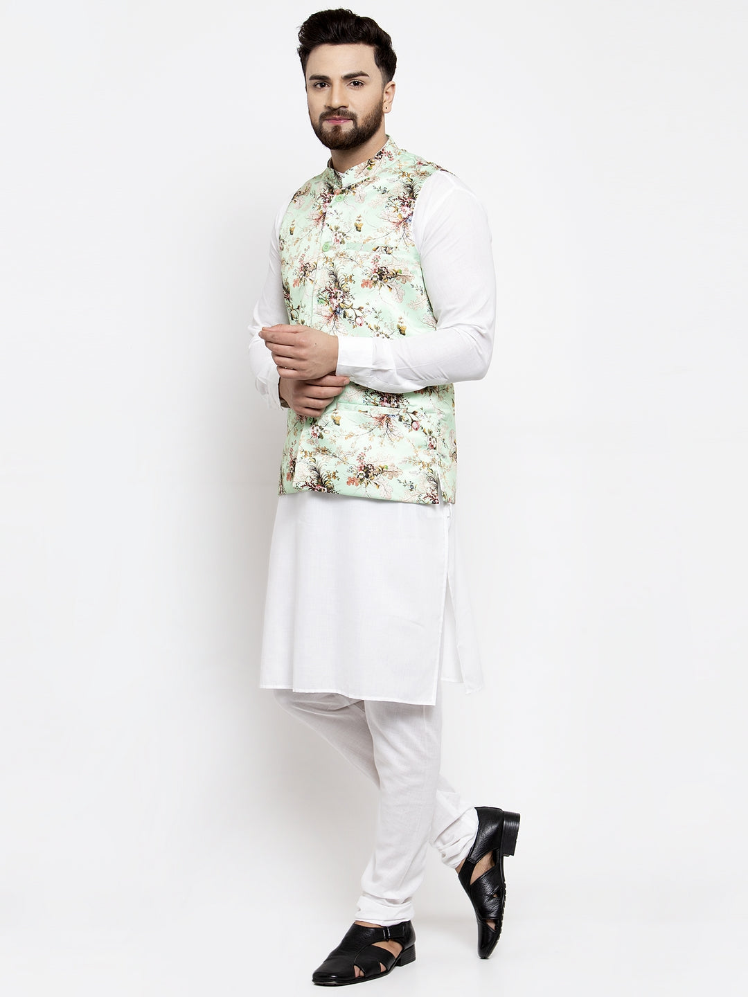 Jompers Men Solid Cotton Kurta Pajama with Printed Waistcoat (Lime-W) | Grocsy