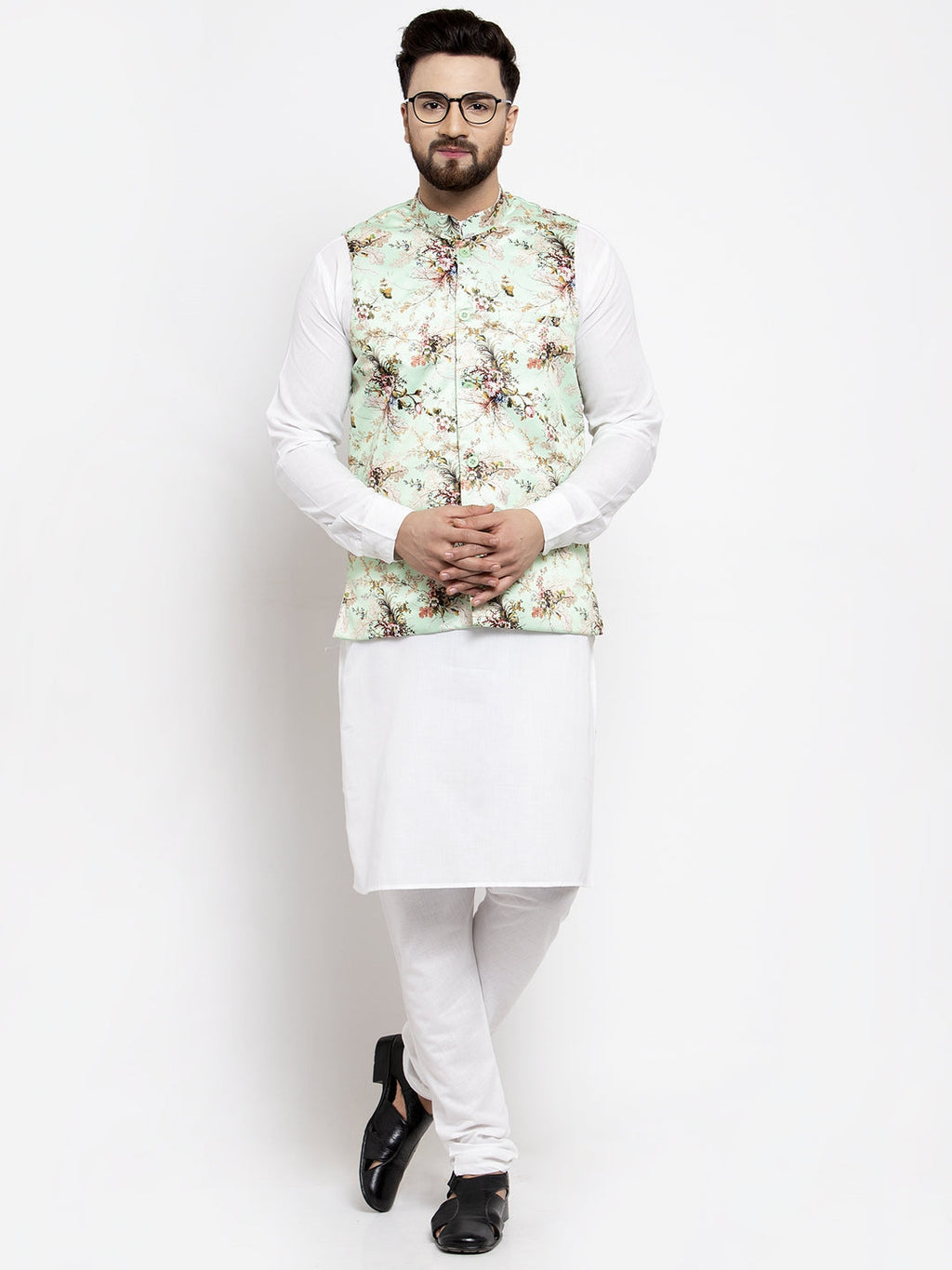 Jompers Men Solid Cotton Kurta Pajama with Printed Waistcoat (Lime-W) | Grocsy