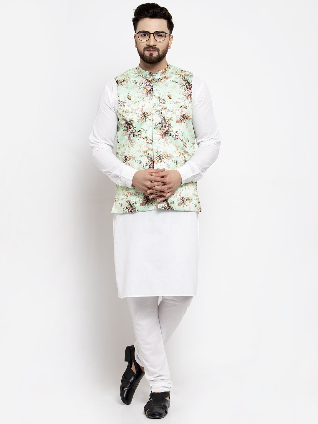 Jompers Men Solid Cotton Kurta Pajama with Printed Waistcoat (Lime-W) | Grocsy